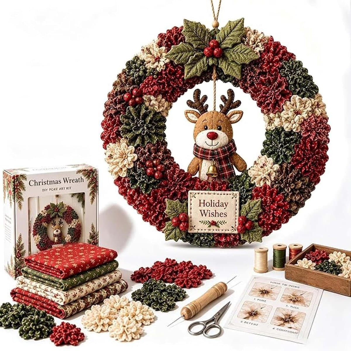 Kerstkrans - Kerstkrans maken kit - DIY kerstkrans kit - 3D stof poke krans doe-het-zelf kit - Naaiprojectpakket - Rendier D