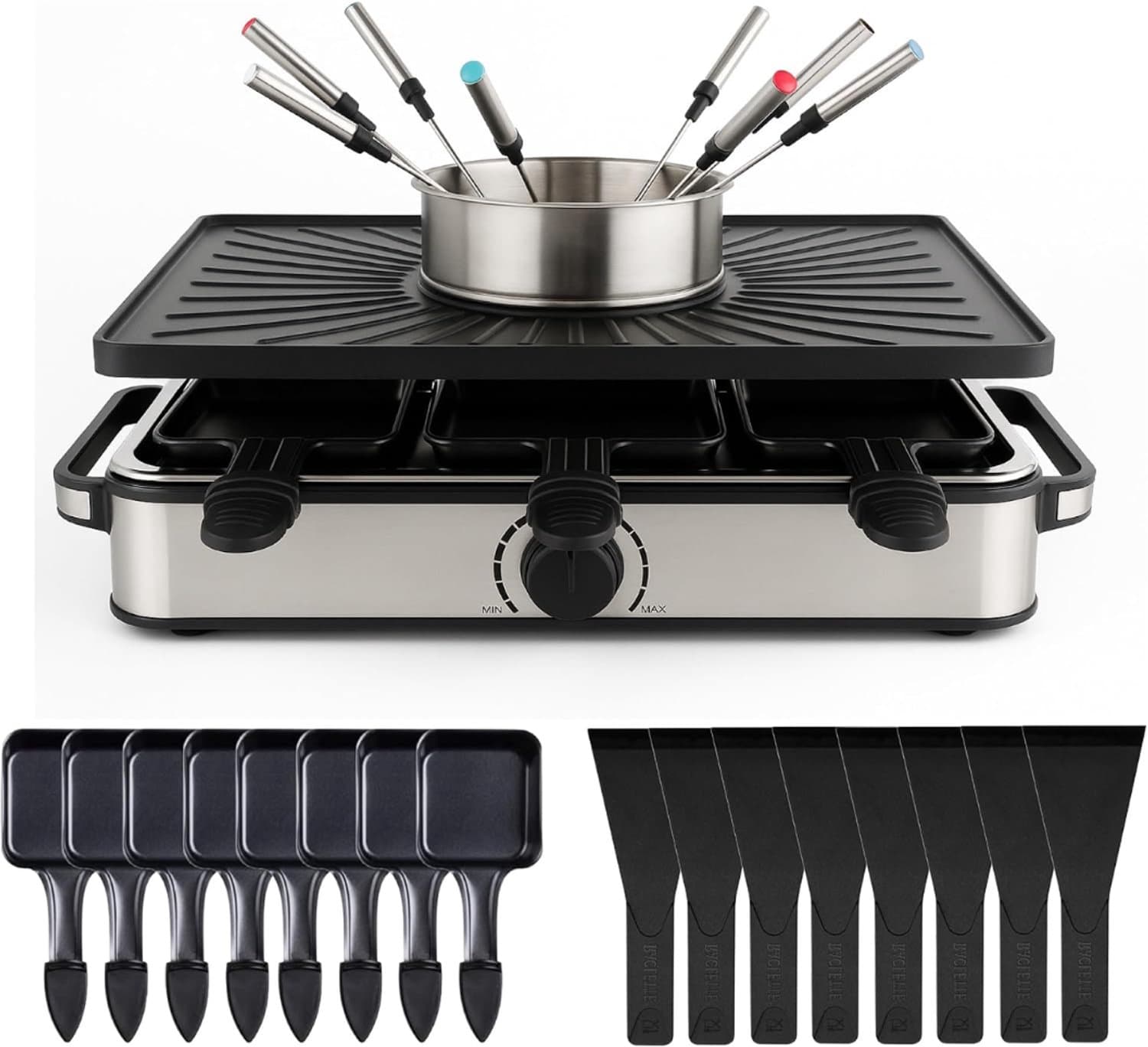SNJY® Gourmetstel - Gourmetplaat - Gourmet Elektrisch - Met Fondueset - 8 Personen - 1400 W - Zwart/Zilver