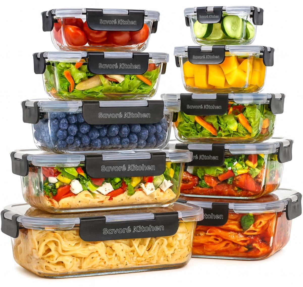 Savoré Kitchen Vershoudbakjes Glas 10 stuks – Stapelbaar - Luchtdicht – Meal Prep Bakjes - Diepvriesbakjes set