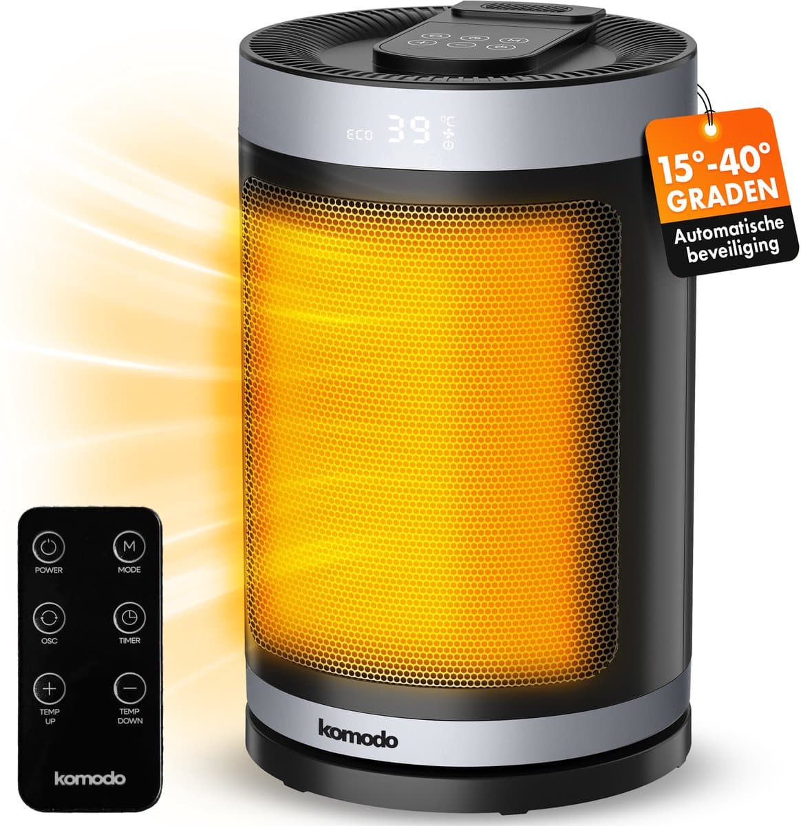 Elektrische Kachel 1500W - Keramische Ventilatorkachel - Heater - Afstandsbediening en Timerfunctie - 70° Draaifunctie - Komodo