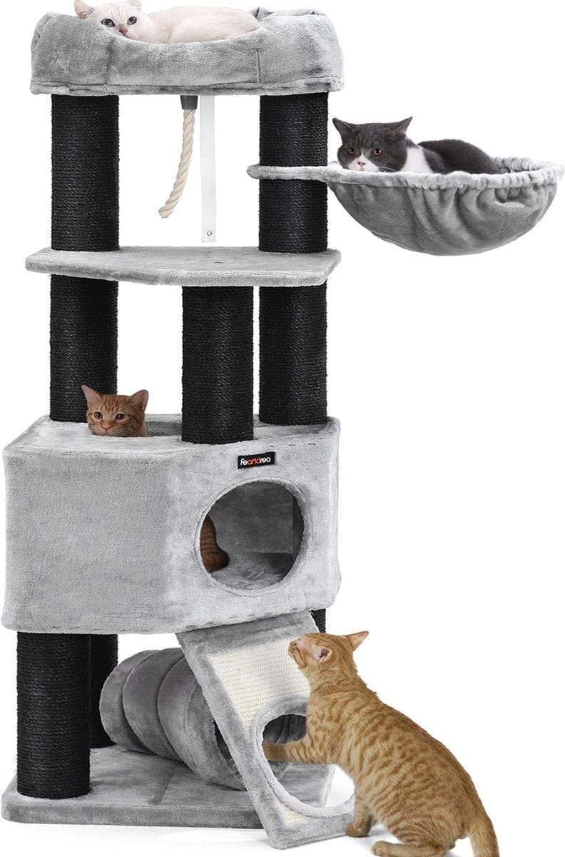 NaevaMi Krabpaal Voor Katten - Krabpaal Voor Grote Katten - Krabpaal Kat - Luxe Kattenhuis -Groot Platform - Knuffelgrot - Kattenmand - Kantelbescherming - 141cm hoog - Dikke Kolom - Kantelbescherming - Grijs