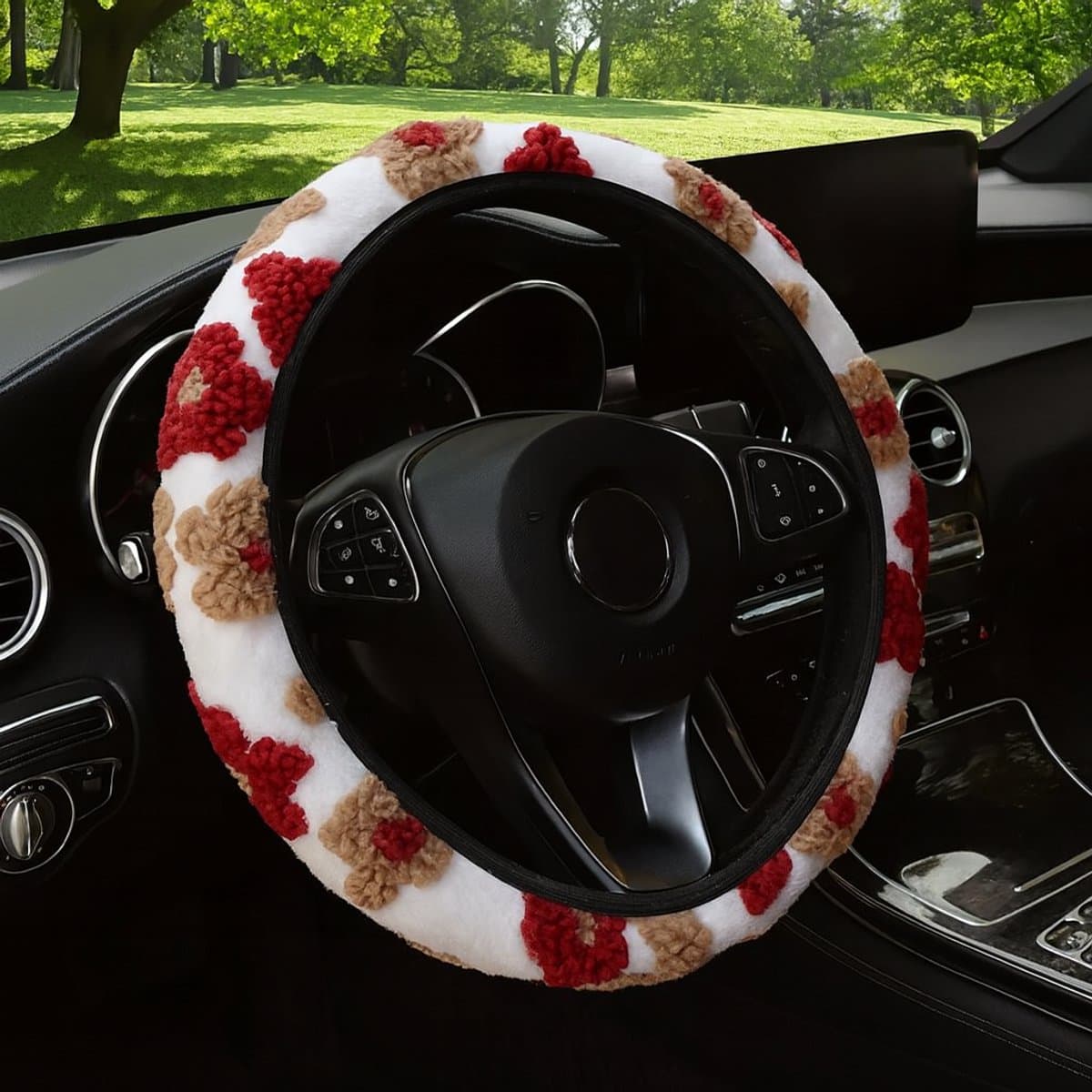 Stuurhoes Auto Universeel - Rode Bloemen Design - Warm & Zacht