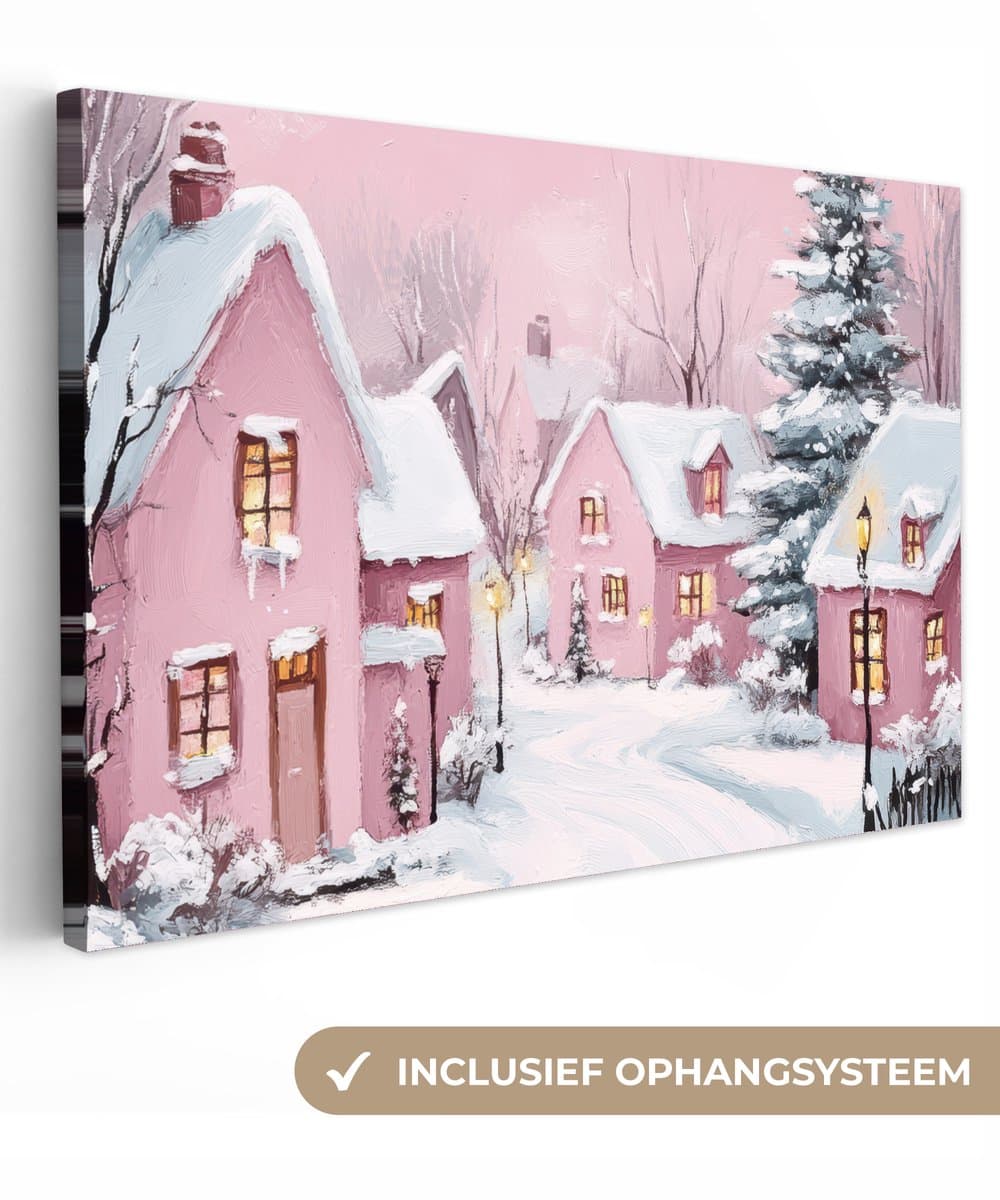 Canvas schilderij 120x80 cm - Wanddecoratie Kerstdorp - Roze - Winter - Sneeuw - Huizen - Muurdecoratie woonkamer - Slaapkamer decoratie - Kamer accessoires - Schilderijen op canvas - Kerstdecoratie voor binnen - Kerstversiering - Kerstmis versiering
