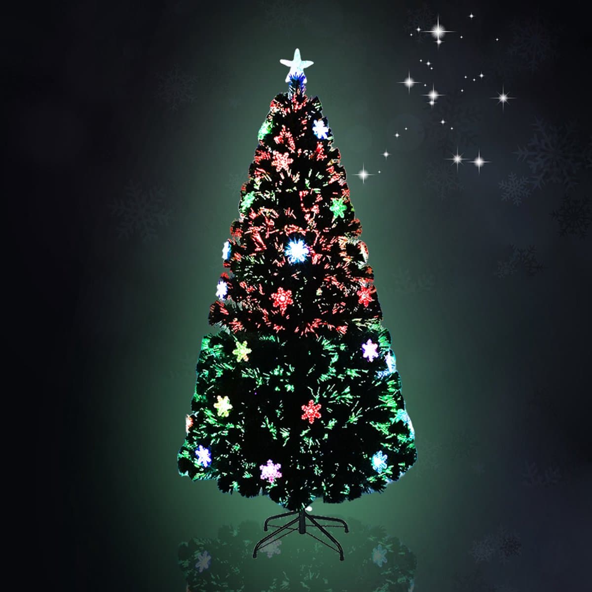 NAIZY Kunstkerstboom met verlichting 180cm Groene PVC Decoratieve Kerstboom Kerstdecoratie met Standaard en sneeuwvlokdecoraties, Kleurrijke Dennennaalden + Sneeuwvlokken