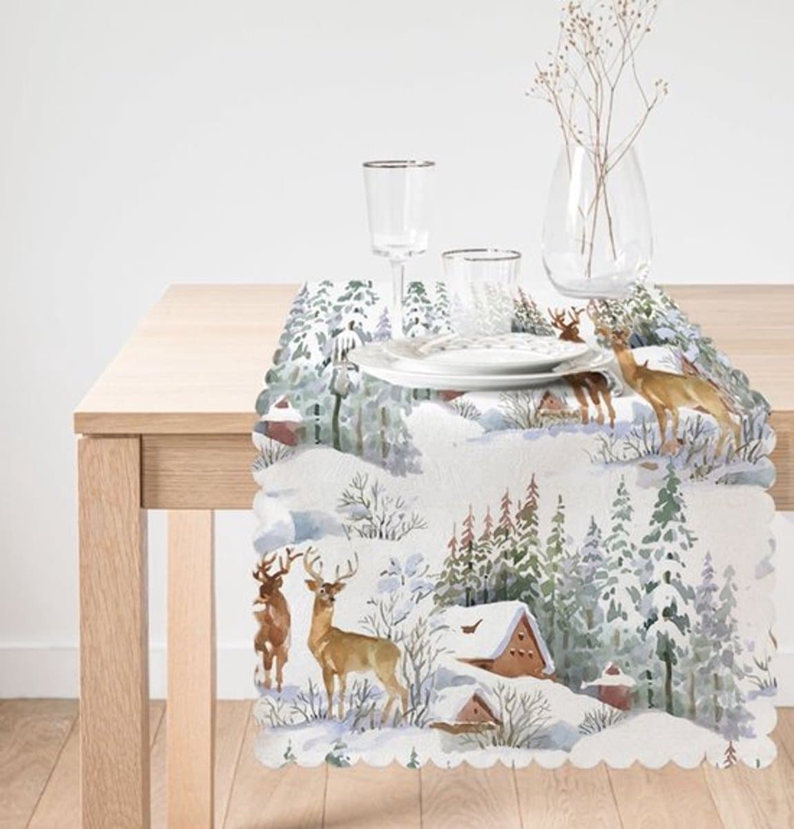 Velvet Textiel Kersttafelloper 45x220 cm - Kerst rendieren & Berghuisje - Decor - Decoratie - Tafellaken