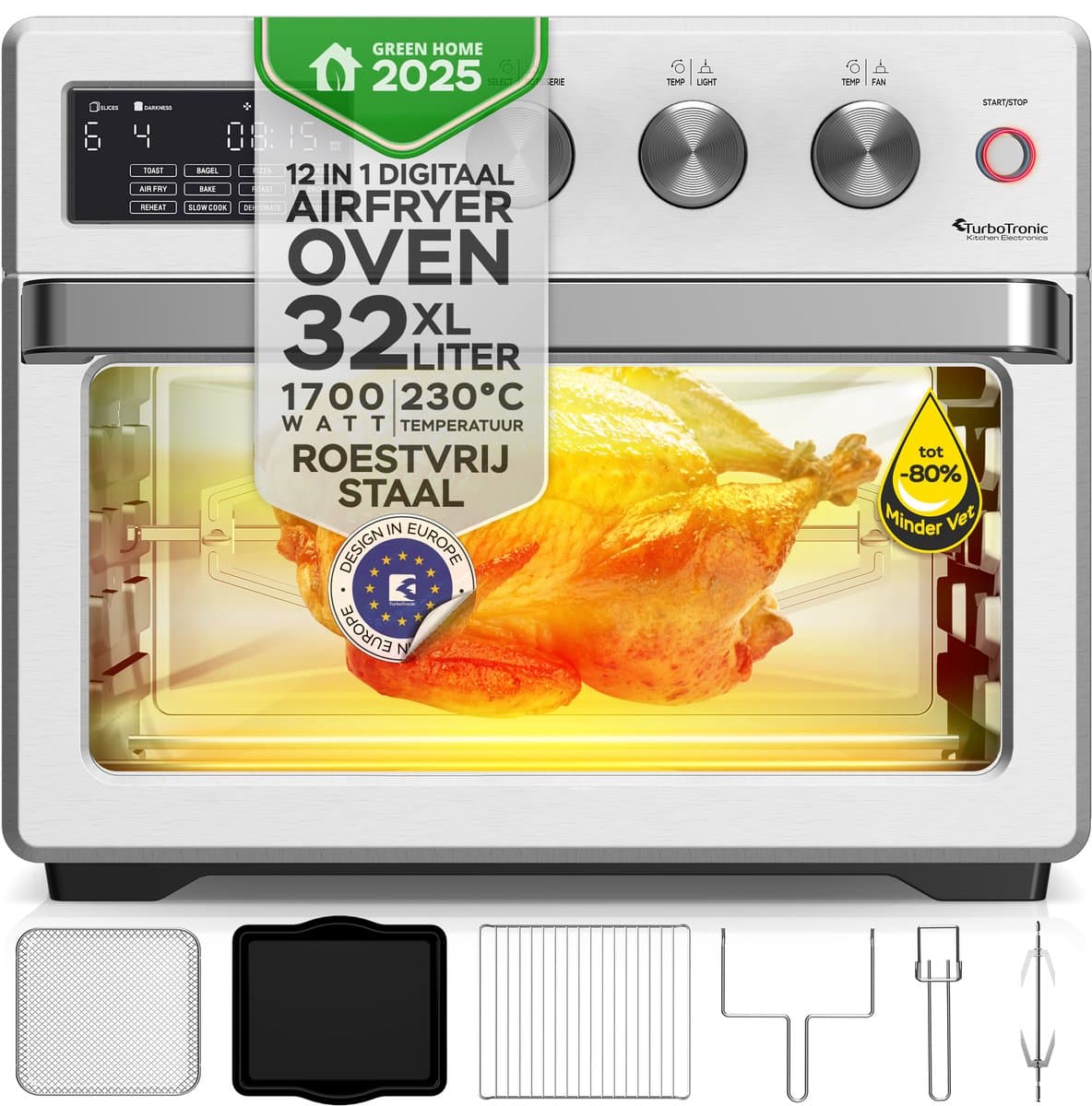 TurboTronic AF32DRD Airfryer XXL en Mini Oven – 32 Liter – Vrijstaande Oven – 12 Kookprogramma’s – 25° tot 230°C – Zilver