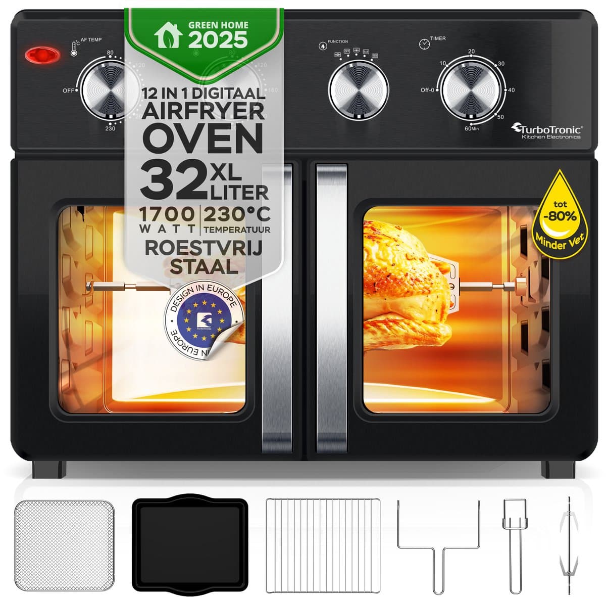 TurboTronic AF32MFD Airfryer Oven XXL – Dubbele Deur – 32L Vrijstaande Mini Oven – Heteluchtoven – Zwart