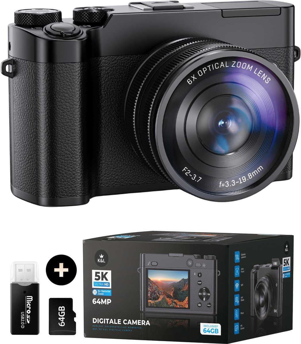 K&L Digitale Camera 5K - 64MP - 6X Optische Zoom - Fotocamera - Compact Camera - Vlog Camera - Ideaal voor Beginners - Inclusief 64GB - NL Software