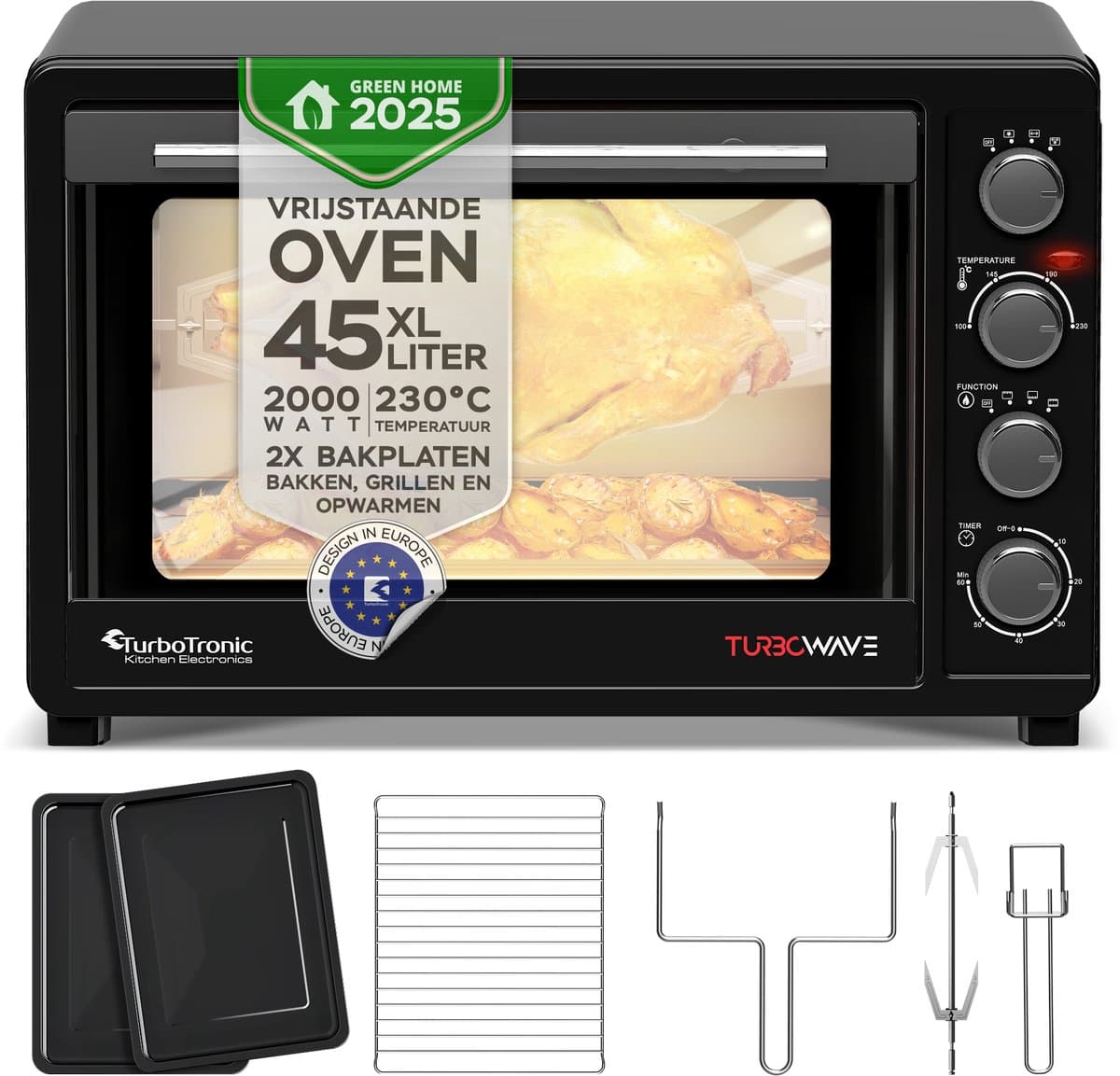 TurboTronic EV45 Vrijstaande Oven - 45L - Instelbare temperatuur en timer - accessoires - Zwart