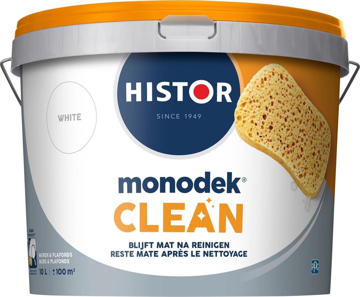 Histor Monodek Clean – Muurverf Binnen Mat – Reinigbare Verf – Vlekafstotend – Geurarm en Oplosmiddelvrij – Voor Binnen – Wit – 10L