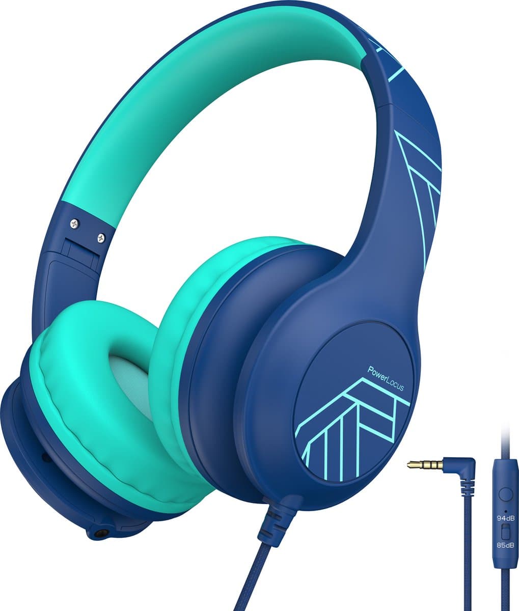 PowerLocus PLED Wired Kinder Koptelefoon met Draad - Koptelefoon voor kinderen - Veilig volume van 85dB en 94dB - Hoofdtelefoon - Met microfoon - Sharing Audio Functie - Blauw