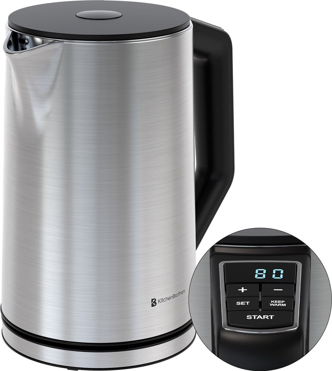 KitchenBrothers Waterkoker - Elektrisch - 1,5L - PFAS- & BPA-vrij - 2200W - Instelbare Temperatuurregeling - Dubbelwandig - Waterkoker RVS - Zilver