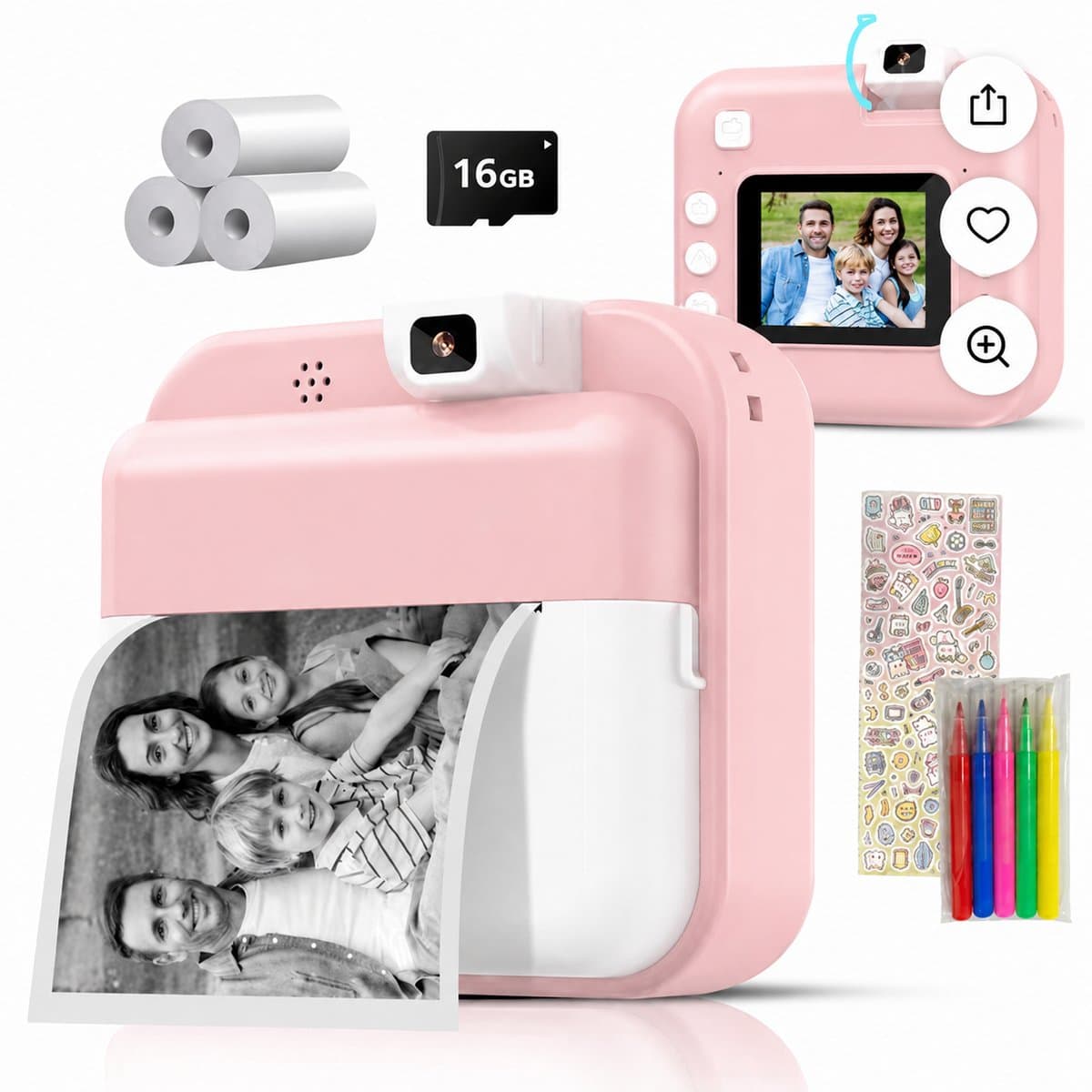 Luumuu® Digitale Kindercamera Met Foto Printer - Fototoestel Voor Kinderen - Kinder Fotocamera Instant Print- Speelgoed Video Camera Kind - Vlogcamera Kids - Sd Kaart 16GB - Roze - Incl. Ebook