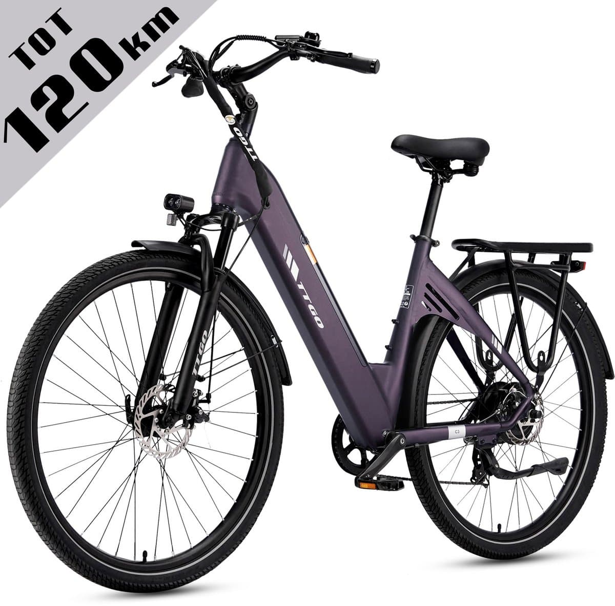 TTGO C3 Elektrische Fiets - 28 Inch E-Bike Stadsfiets - Tot 120 km Actieradius - 648Wh Accu met Hoge Capaciteit - Schijfremmen - Shimano 7 Versnellingen - Aluminium Frame - Maximaal Draagvermogen 125 kg - Paars