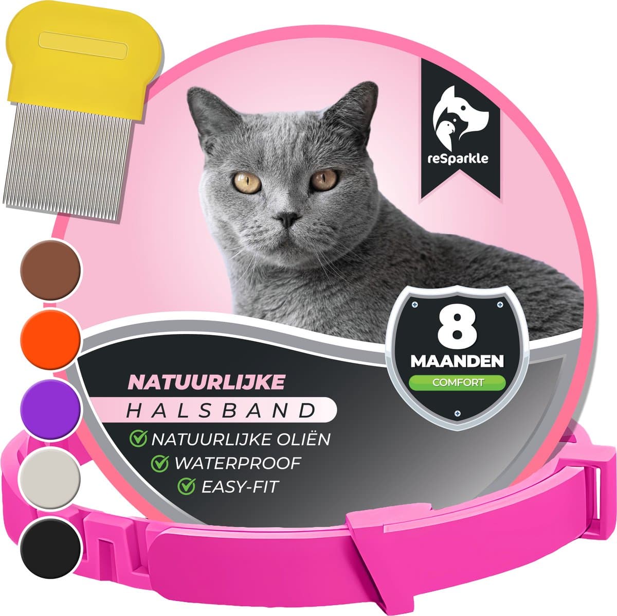 reSparkle Halsband Kat - Natuurlijk - Inclusief Vlooienkam - Roze