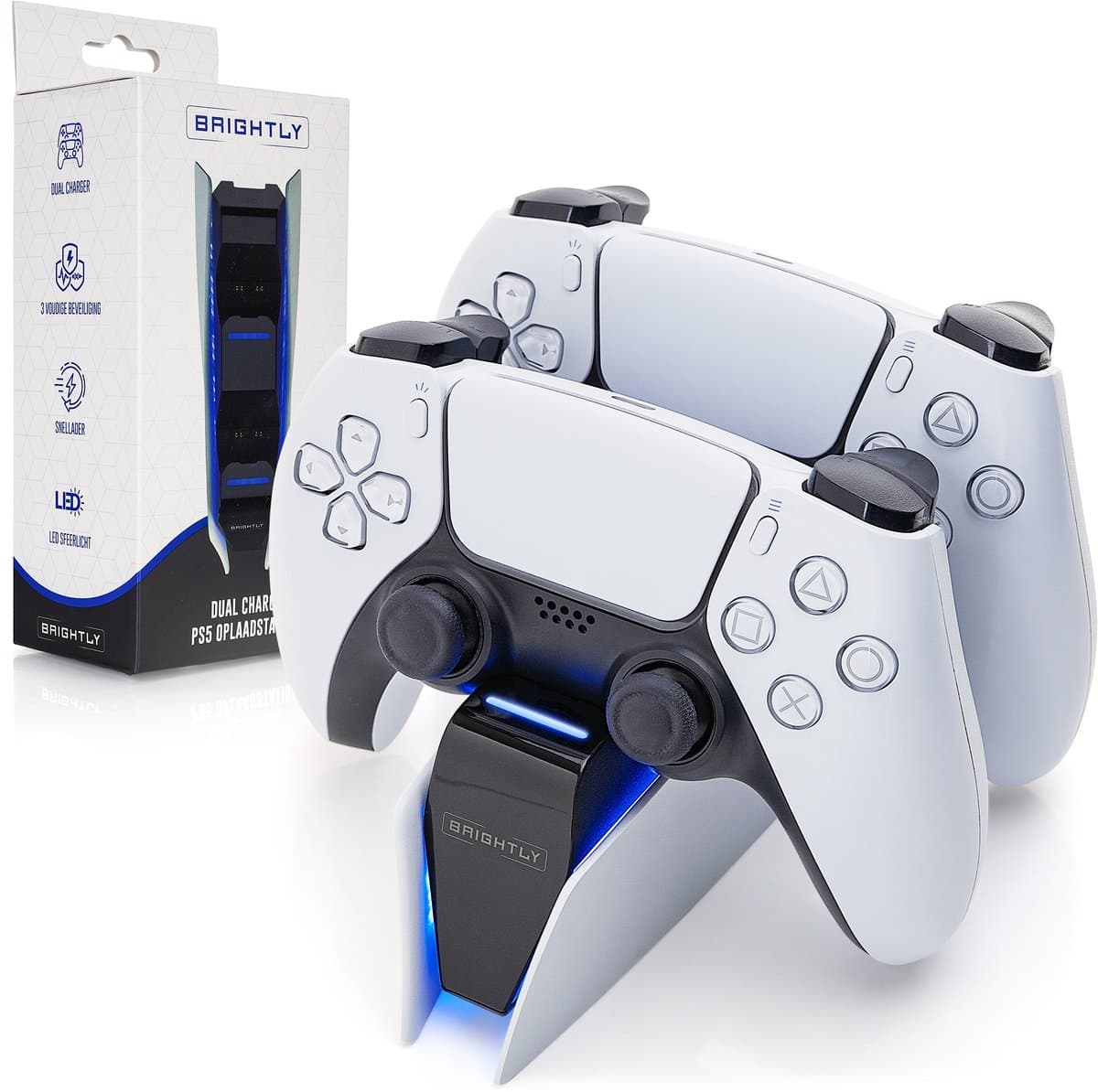 Brightly® PS5 Oplaadstation - Geschikt voor PlayStation 5, PS5 Slim & PS5 Pro DualSense Controllers - LED Indicatie - DualSense Controller Oplader - Docking Station - PS5 Accessoires - Wit