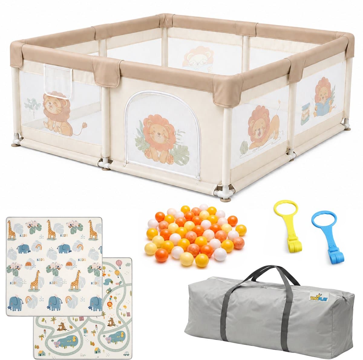 TinyPlay Grondbox Baby met Speelmat & Speelballen - Babybox - Kinderbox - Speelbox - Playpen - Ballenbak - Kruipbox - 120x120x60cm - Beige