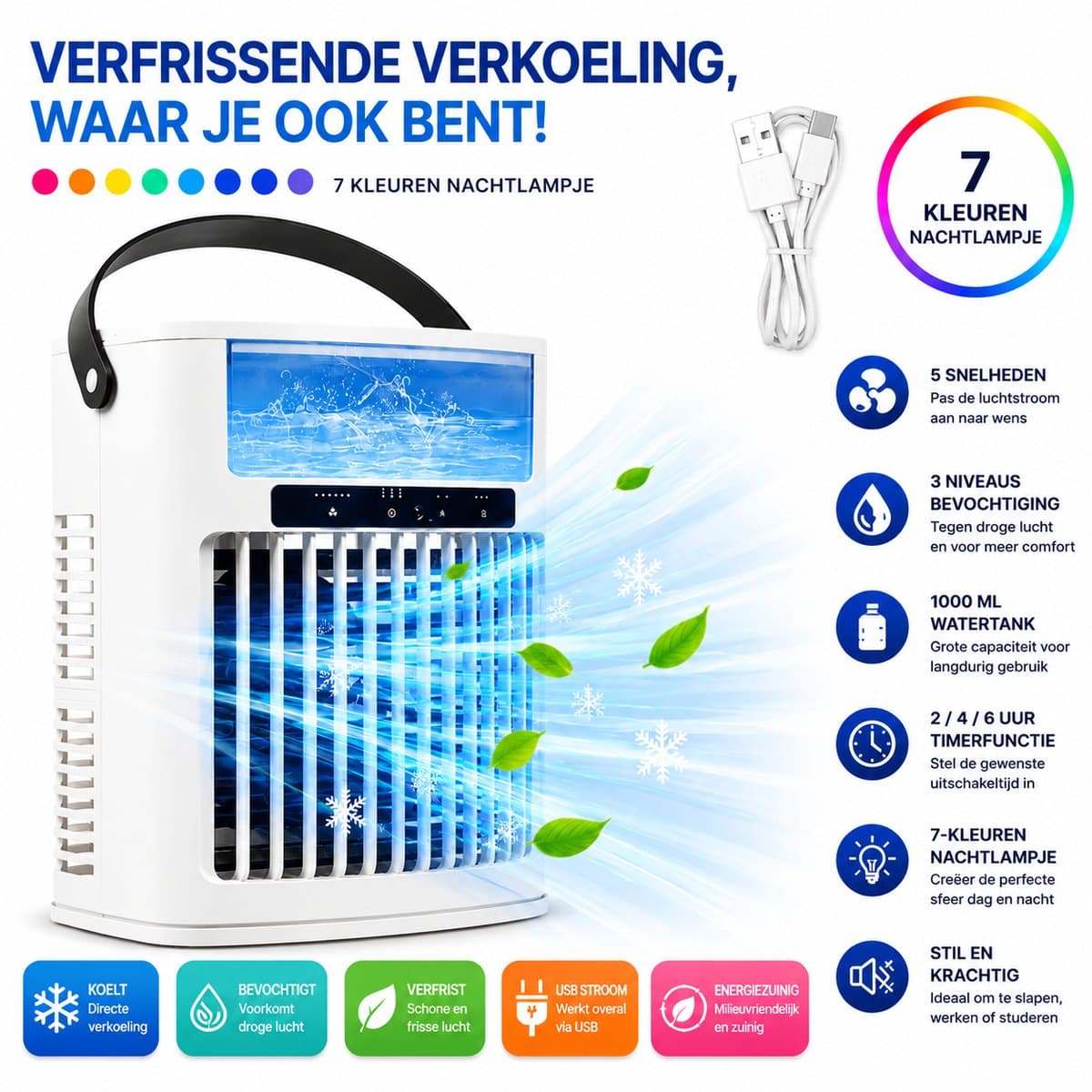 HomeGoodies - Airco - Aircooler - Mini airconditioner - Draagbaar - 7 Kleuren Nachtlamp - Voor Slaapkamer, Kantoor & Camper