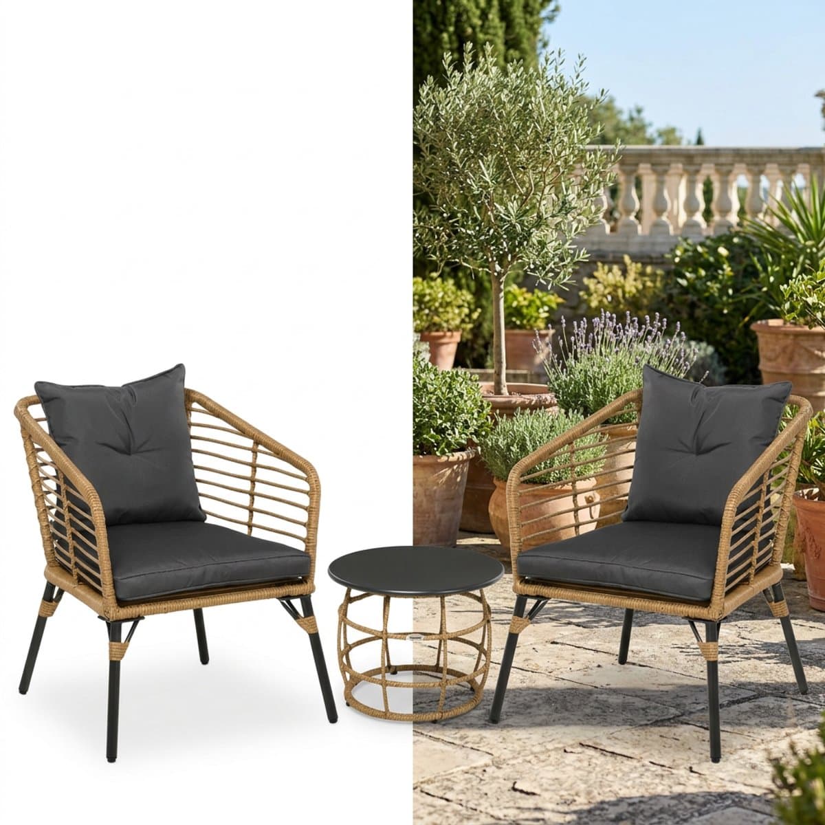 Balkonset 2 personen - Tuinset - Bistroset - Zwart - 3 delig - Met kussens - Tuintafel en 2 stoelen - Gecoat staal - Onderhoudsvrij staal