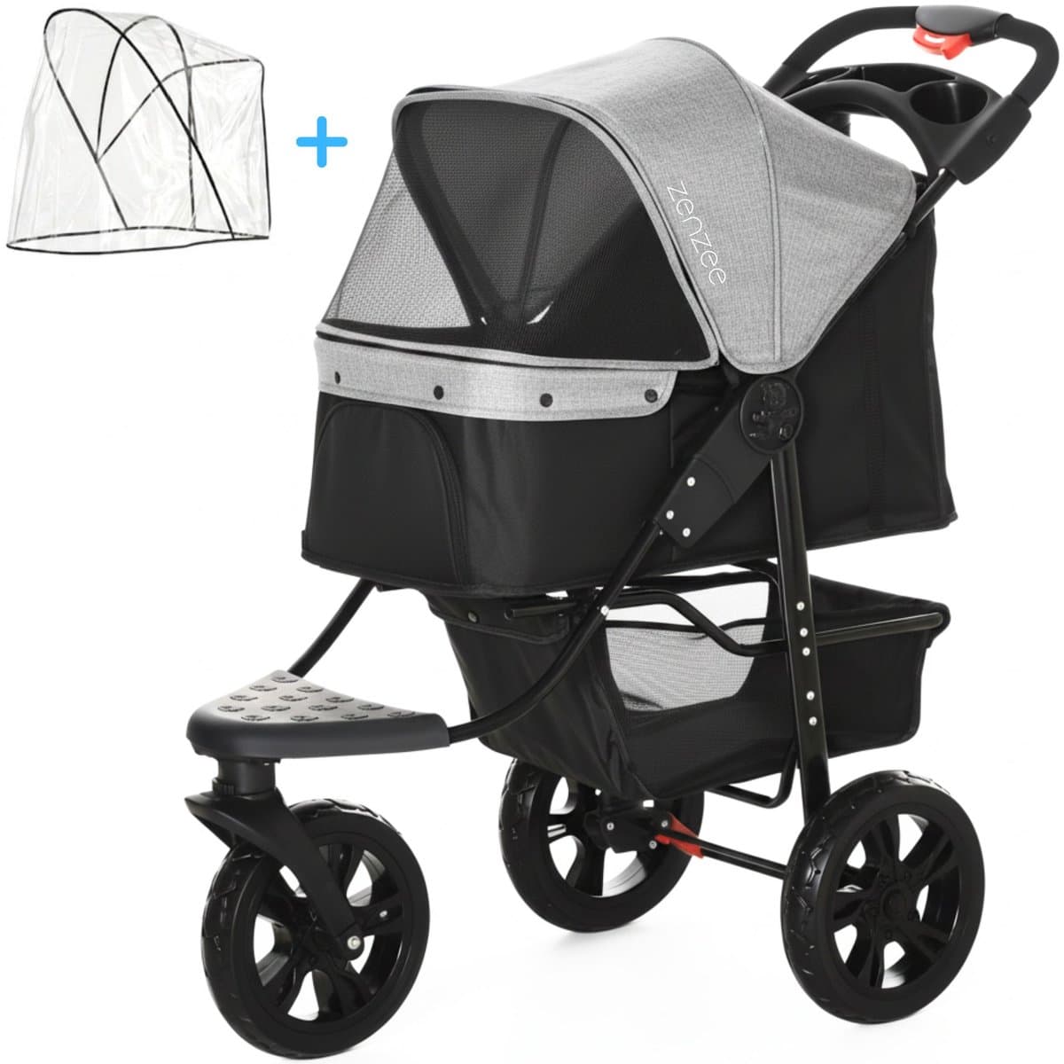 Zenzee® - Hondenbuggy opvouwbaar - Met regenhoes - All terrain - Grote wielen - Hondenwagen - Pet stroller - Tot 20Kg - Grijs/Zwart - 110 x 57 x 107 cm