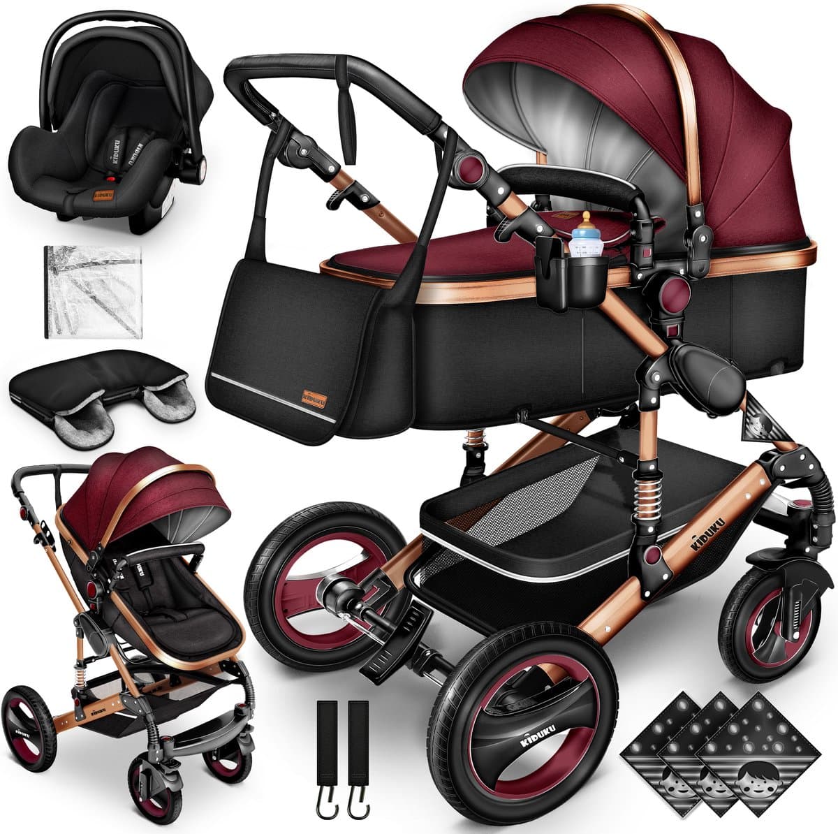 Buggy-Kinderwagen 3 in 1-kinderwagens Complete Set -One -Click Opvouwbare Kinderwagen-Kinderwagen Set voor Baby's Pasgeborenen XXL Set-(Bordeaux / Goud).
