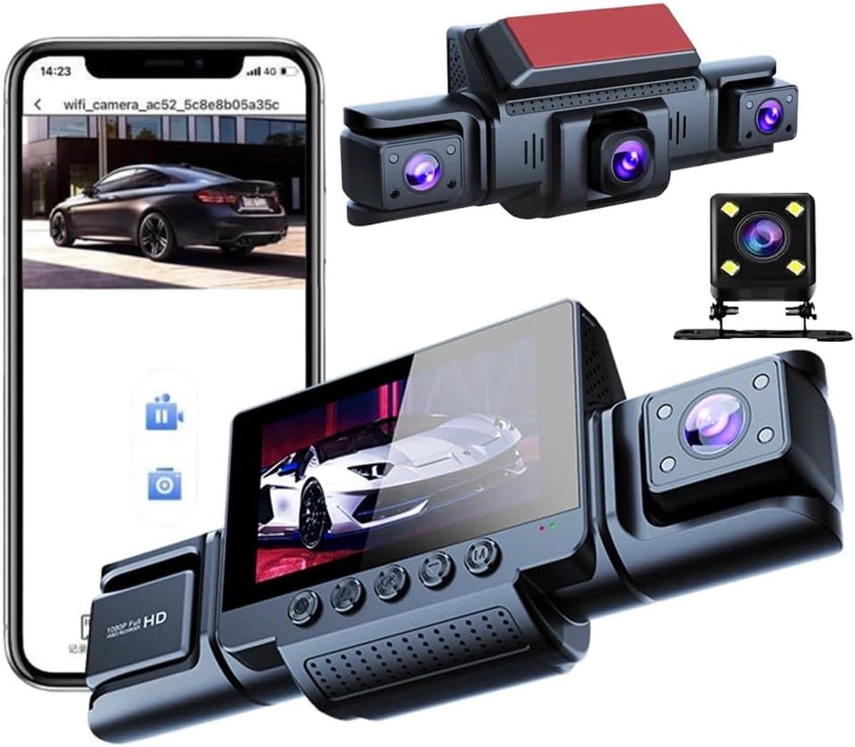 Dashcam Auto 360 graden - 4 camera's, 1080p Full-HD,met 64 GB SD-kaart, wifi, nachtzicht, G-sensor, bewegingsdetector, 3 inch IPS-display, waterdicht, loop-opname, trigger bij ongevallen