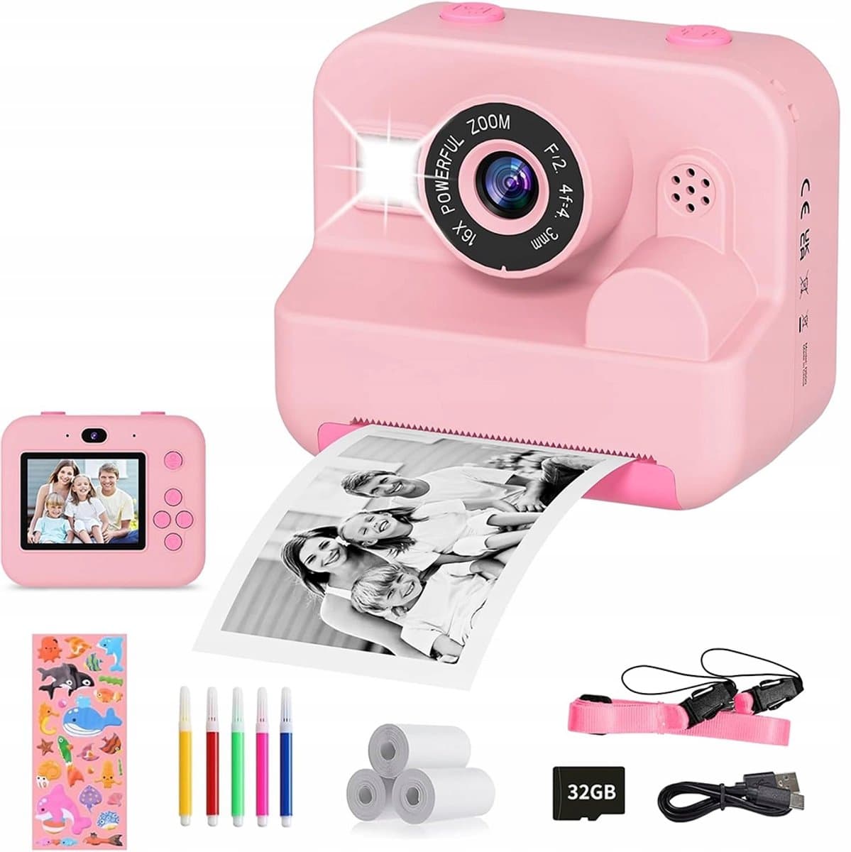 Kids Print Camera - Instant Printer - Fotoprinter camera - Multifunctionele digitale kindercamera - 1080P - 16x digitale zoom - Selfiemodus - 32 GB - Voor Kinderen 3-12 Jaar & Cadeau