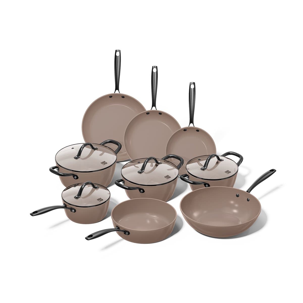 Cook & Pan 9-Delige Pannenset Taupe of Mind - PFAS vrij - Alle Warmtebronnen - Pannen Set met 7 jaar Garantie - Krasbestendige Anti Aanbaklaag - Vaatwasserbestendig - Gas, Inductie, Elektrisch, Oven - Koekenpan, Wokpan, Steelpan, Hapjespan, Kookpot
