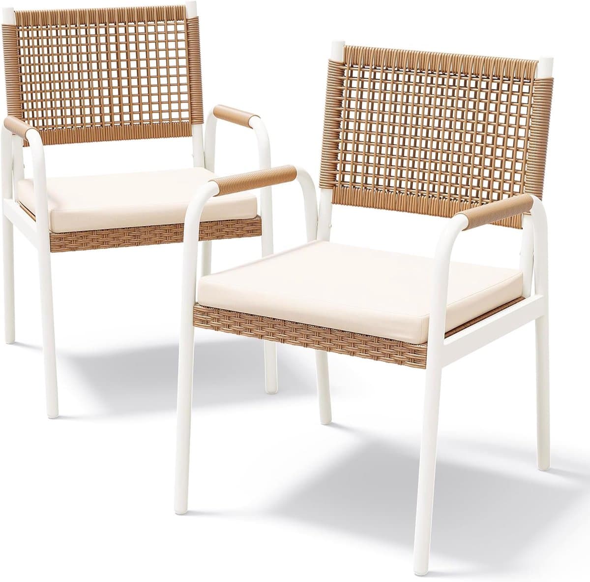 Set van 2 Tuinstoelen inclusief Kussens - Rotan Wicker Balkonstoelen met Metalen Frame - Weerbestendig - Wit & Bruin