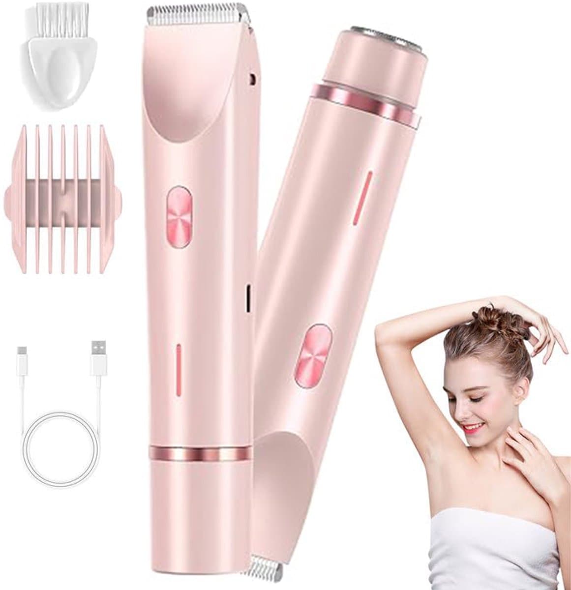 2-in-1 Elektrische scheerapparaat voor vrouwen - bikinilijn trimmer, waterdicht, geschikt voor nat en droog gebruik, elektrische trimmer met dubbele kop voor oksels, benen en armen