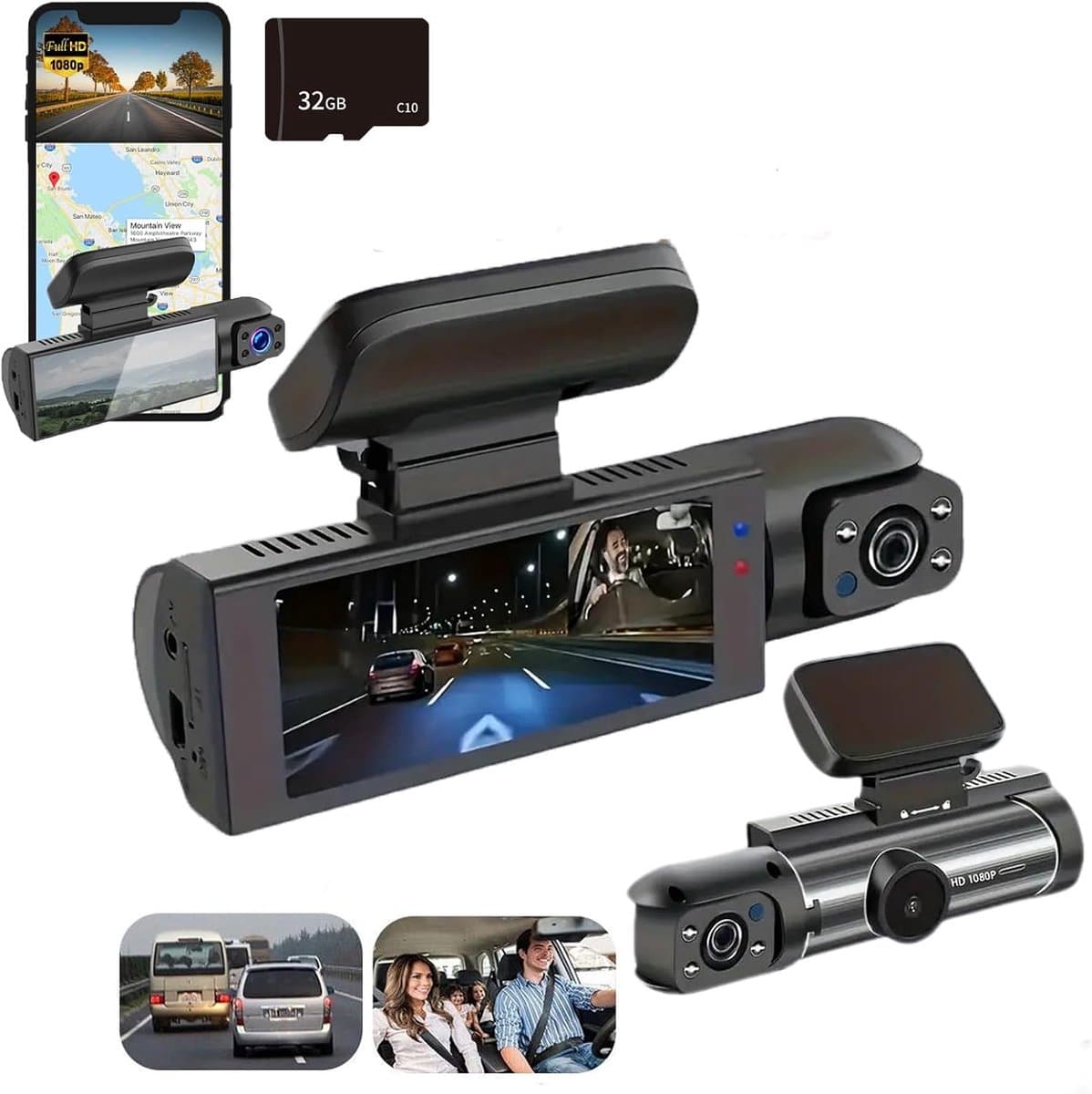 4K-dashcam met dubbele lens, groothoekcamera's aan de voor- en achterkant, ondersteunt 24-uurs parkeerbewaking, heeft een 3,16-inch scherm en een nachtzichtfunctie. Deze dashcam begeleidt u tijdens uw reis (32 GB).