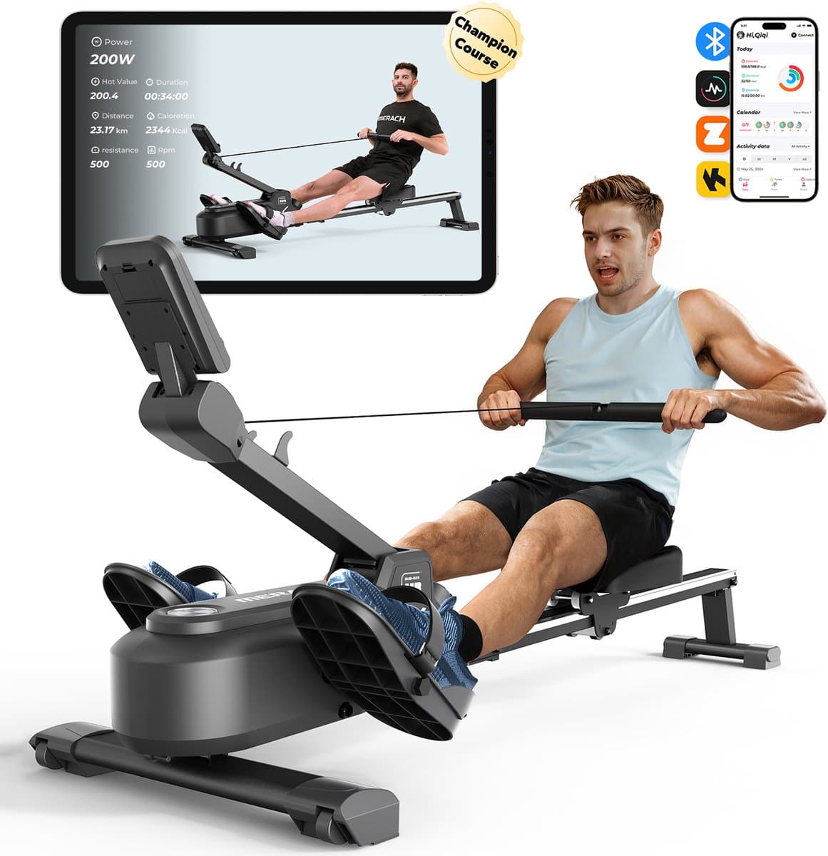 MERACH Magnetische roeimachine voor thuis - Stille roeitrainer met 16-staps magnetisch systeem - Haai-ontwerp - LCD-monitor - Stil magnetisch remsysteem - Exclusieve app en spellen - Compatibel met Kinomap - Eenvoudige montage - full-body training
