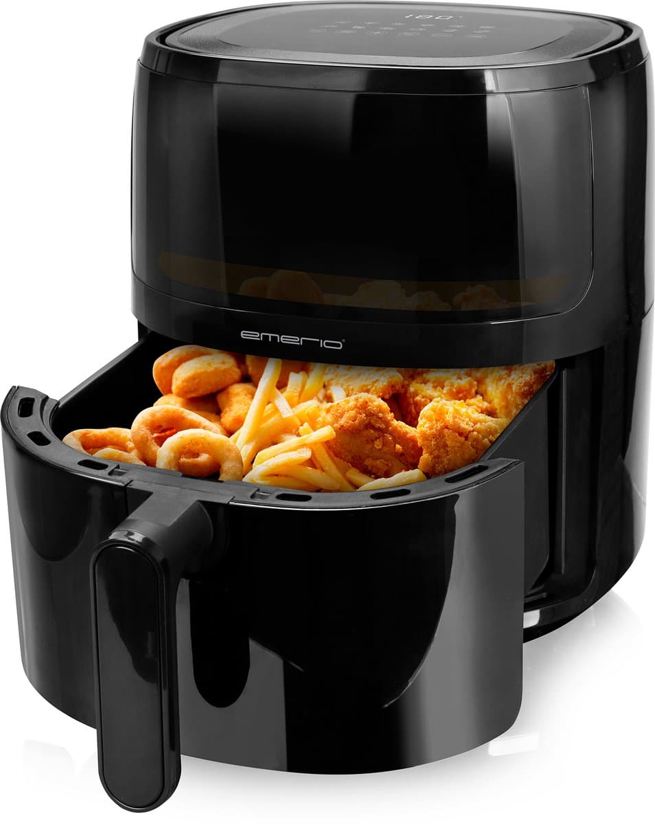 Emerio Airfryer XL - 5 Liter Heteluchtfriteuse - Regelbare thermostaat 80ºC tot 200ºC - 12 Kookprogramma's - Digitaal display - Timer functie - Kijkvenster - Cool touch - AF-129329.3 Zwart