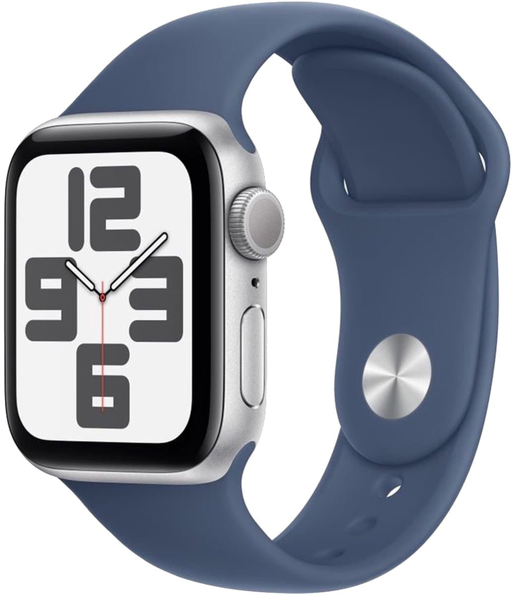 Apple Watch SE (2024) - 40mm - GPS - Zilverkleurig met denimblauw sportband (S/M)
