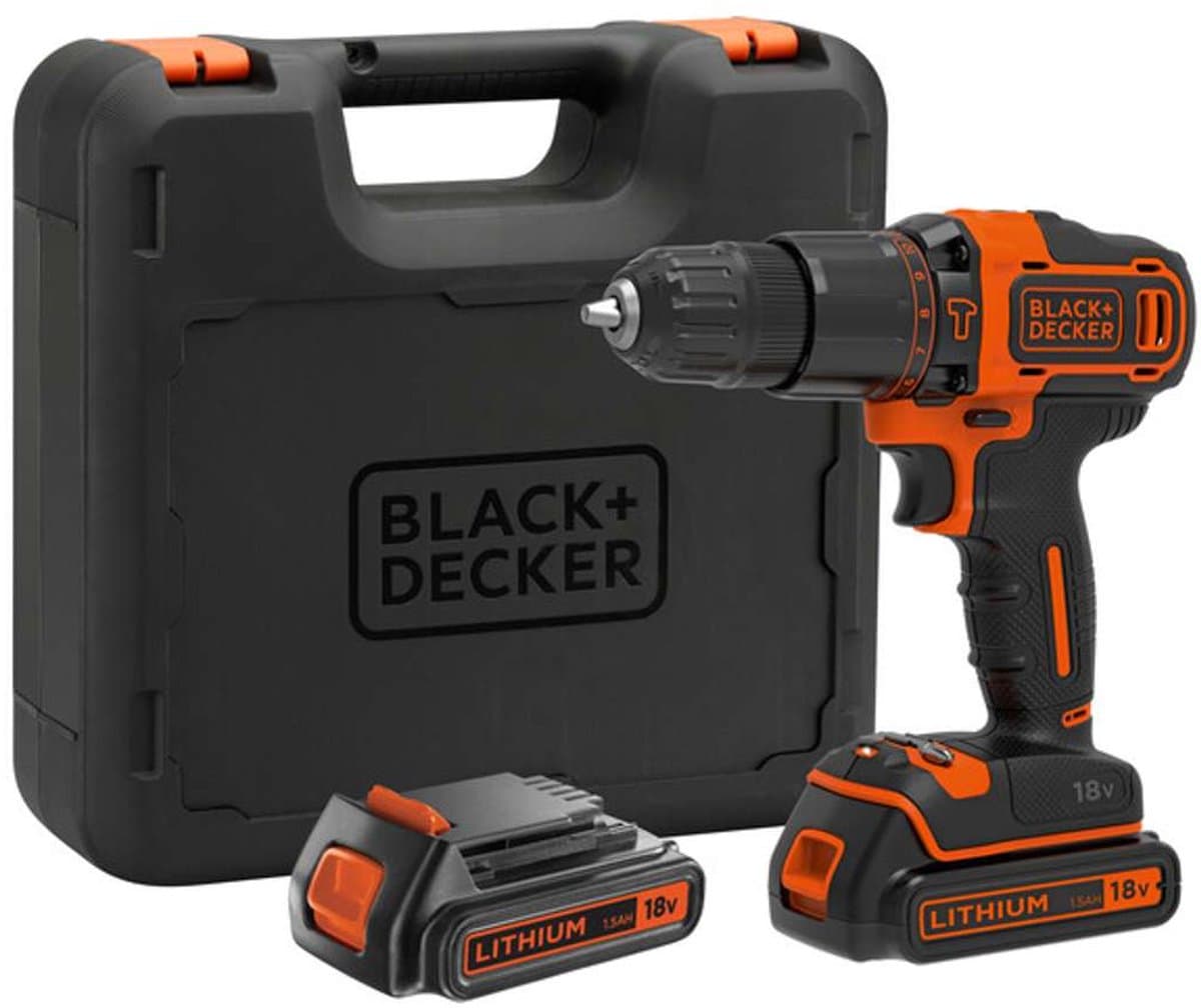 BLACK+DECKER 18V Lithium Ion accu schroef-/klopboormachine met 2x 1,5Ah accu's, 2 variabele snelheden, koffer - BDCHD18KB-QW