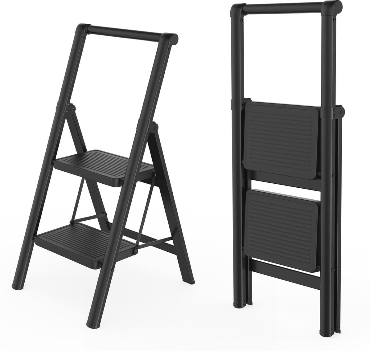 LZQ Opvouwbare trapladder, trapkruk, opvouwbare trap met breed antislip pedaal en leuning, multifunctionele huishoudtrap, trapladder tot 150 kg, zwart voor huishouden, keuken - 2 treden
