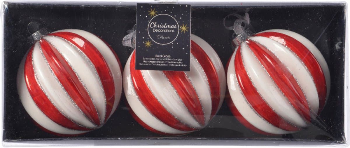 Decoris Luxe kerstballen - 3x - rood/wit gestreept - D8 cm - glas - glitter - brass - Kerstversiering/kerstboomversiering
