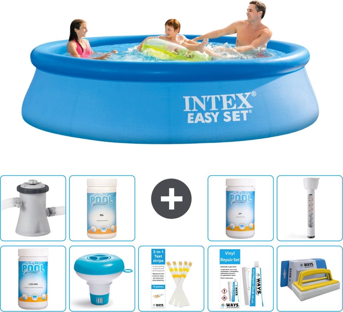 Intex Rond Opblaasbaar Easy Set Zwembad - 305 x 76 cm - Blauw - Inclusief Pomp Chloor - Chloordrijver - Testrips - Reparatiesetje - Scrubborstel - PH-waarde - PH-waarde - Thermometer