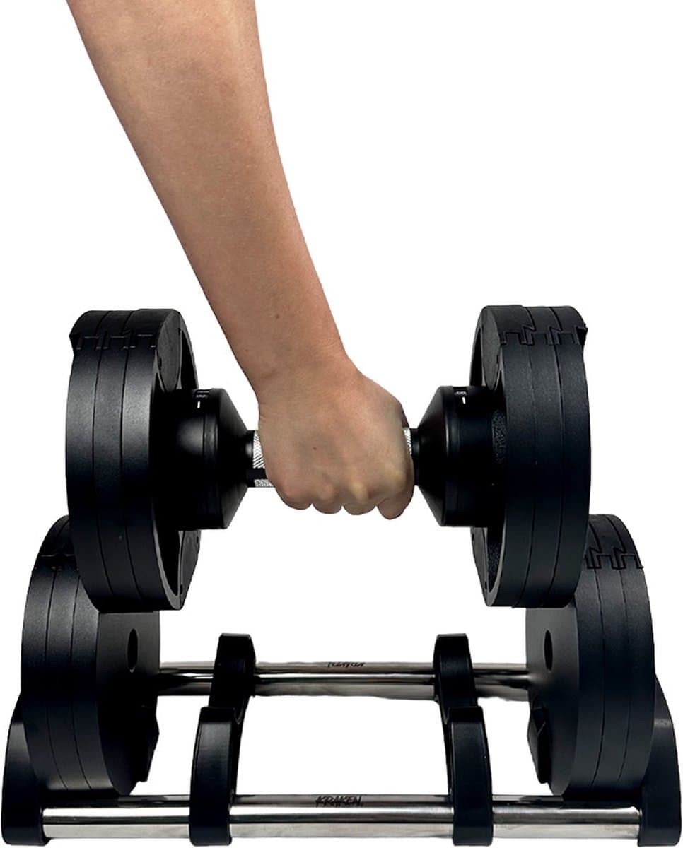 KRAKEN Verstelbare Dumbbell 20 KG | COMPACT Halterset Verstelbaar in Gewicht | Adjustable Fitness Dumbbell | Krachttraining Trainingshalter 20KG | COMPACTE versie dumbbell | UNIEK wordt smaller bij selectie | BETER Chest & Shoulders trainen