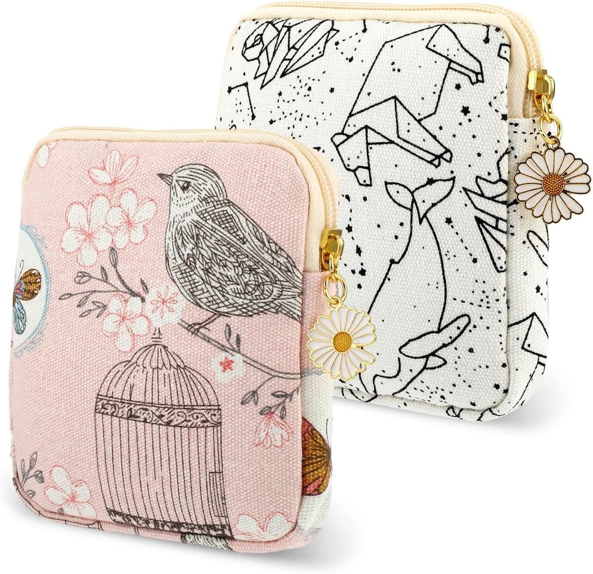 Maandverband Tasje - 2 Stuks - Madeliefje met rits - Tampon Doosje - Muntportemonnee - Toilettas - Opbergzakje - Mini Make up Tas -Luiertas - Voor vrouwen, tieners, meisjes, school - Wit