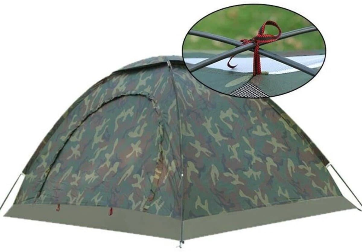 Camouflagetent - Twee personen - Camouflage - Inclusief accessoires: 4 tentharingen, 2 tentstokken, 1 opbergtas - Tent met één laag - 200 x 150 x 110 cm - Oxford-stof (niet waterdicht)