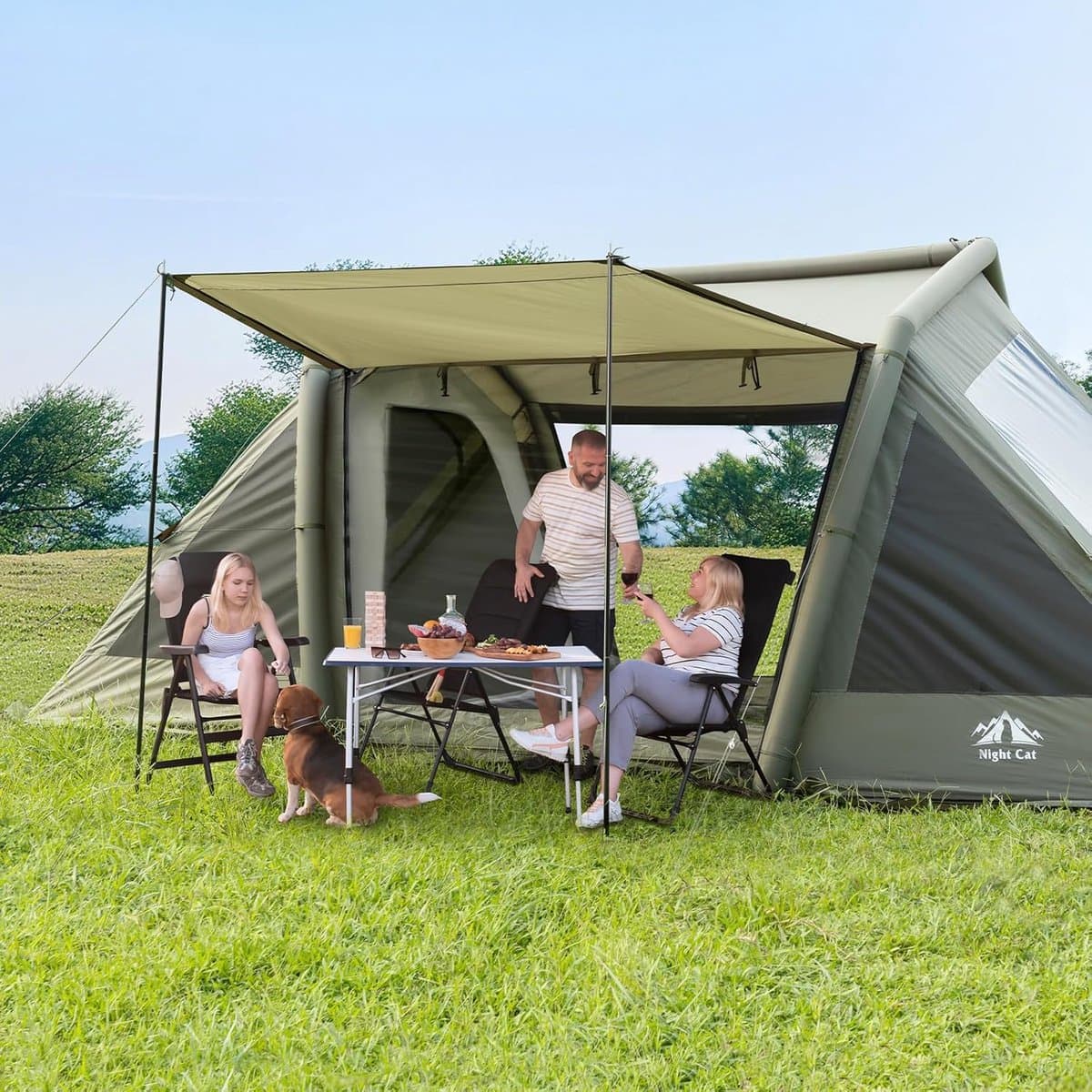Night Cat Opblaasbaar Tent voor 6 8 Personen: Glamping Tunneltent Waterdicht Groot Winterbestendig XXL Tent met 2 Cabines en TPU Opblaaspijlers voor Outdoor Kamperen