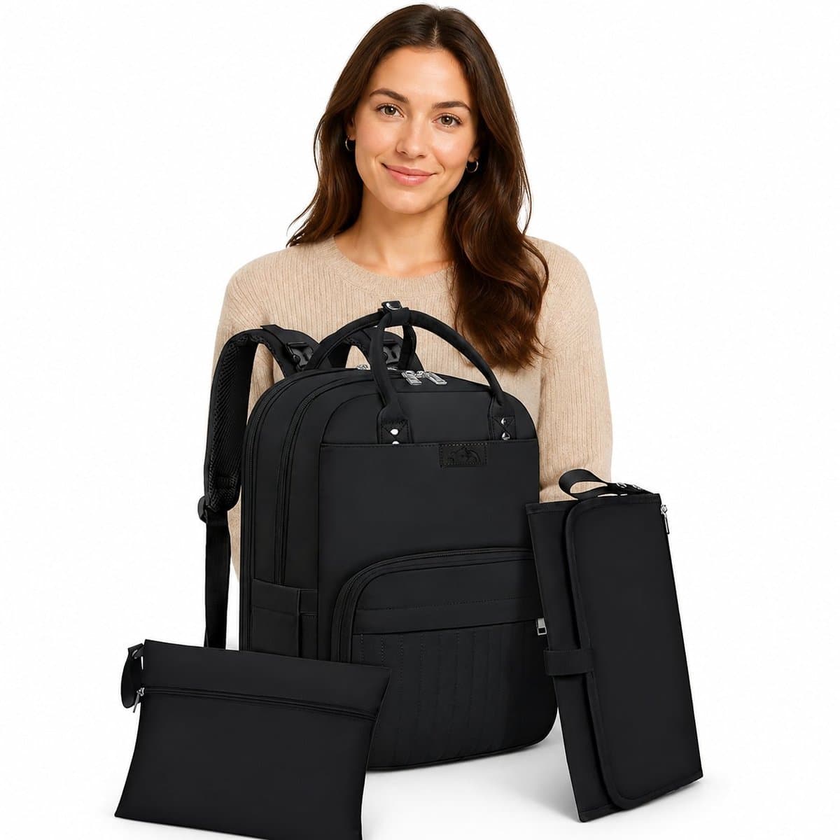 R&H® Luierrugzak voor baby's, grote luiertas, babytas, rugzak met kinderwagenriemen en luieronderlegger, voor onderweg, zwart