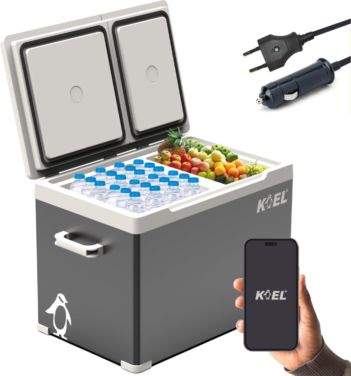 KOEL Crate Dual 30L - Elektrische Compressor Koelbox met App-bediening - 12V Auto Accu en 220V/230 Volt - Dual Zone Frigobox voor Camping - Koelkast & Vriezer tot -20°C