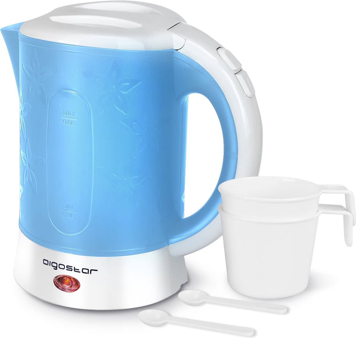 Aigostar 30JQK - Mini Waterkoker - 0.6 Liter - Reiswaterkoker - Inclusief 2 bekers - Travel camping waterkoker - Kleine Reiswaterkoker - 650W - Blauw/Wit