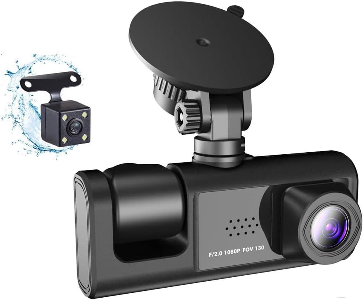 Dashcam met drie camera's - 170° groothoek - Drie camera's voor, in en achter de auto - Full HD - 2-inch scherm - Nachtzicht en botsingsdetectie - Cyclische opname - Achteruitrijbeeld