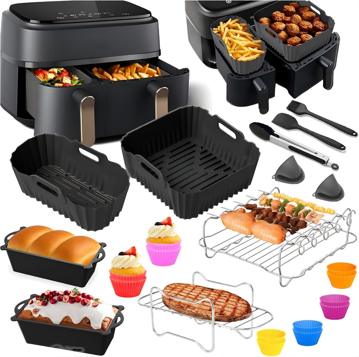 Somstyle Accessoires Set Geschikt voor Philips Dual Basket 3000 & 5000 Dubbele Airfryer - 23-Delig - Cup Cake Bakvorm - Heteluchtfriteuse Mandje - Zwart