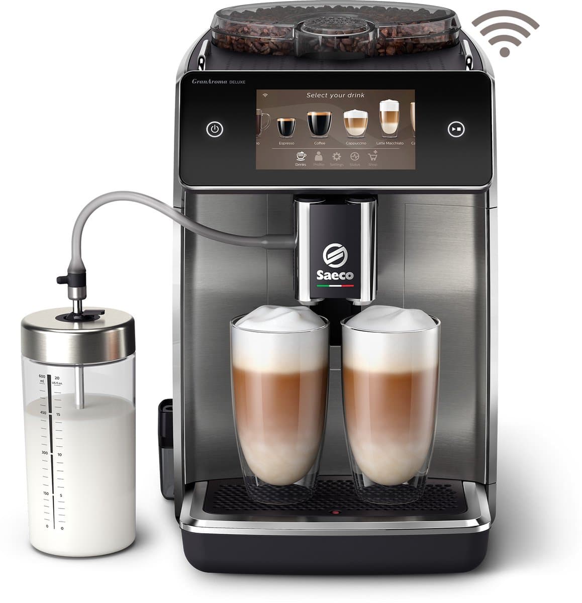 Saeco GranAroma Deluxe - Espressomachine - 18 Dranken met melksysteem - Groot scherm - Slim & verbonden - Volautomatisch - Koffiemachine met bonen + AquaClean filter - Metaal/Zwart (SM6685/00)