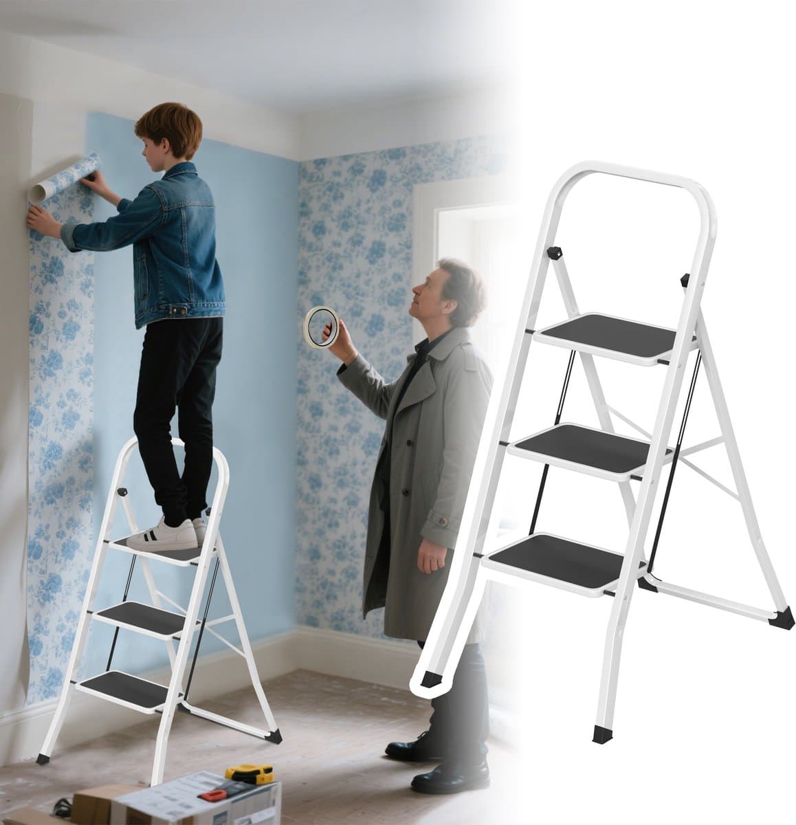 Froadp 3-treden metalen ladder, opvouwbare ladder, opstapje, antislip trapladder, multifunctionele ladder, opvouwbaar opstapje, opstapladder, sta-ladder tot 150 kg, zwart-wit