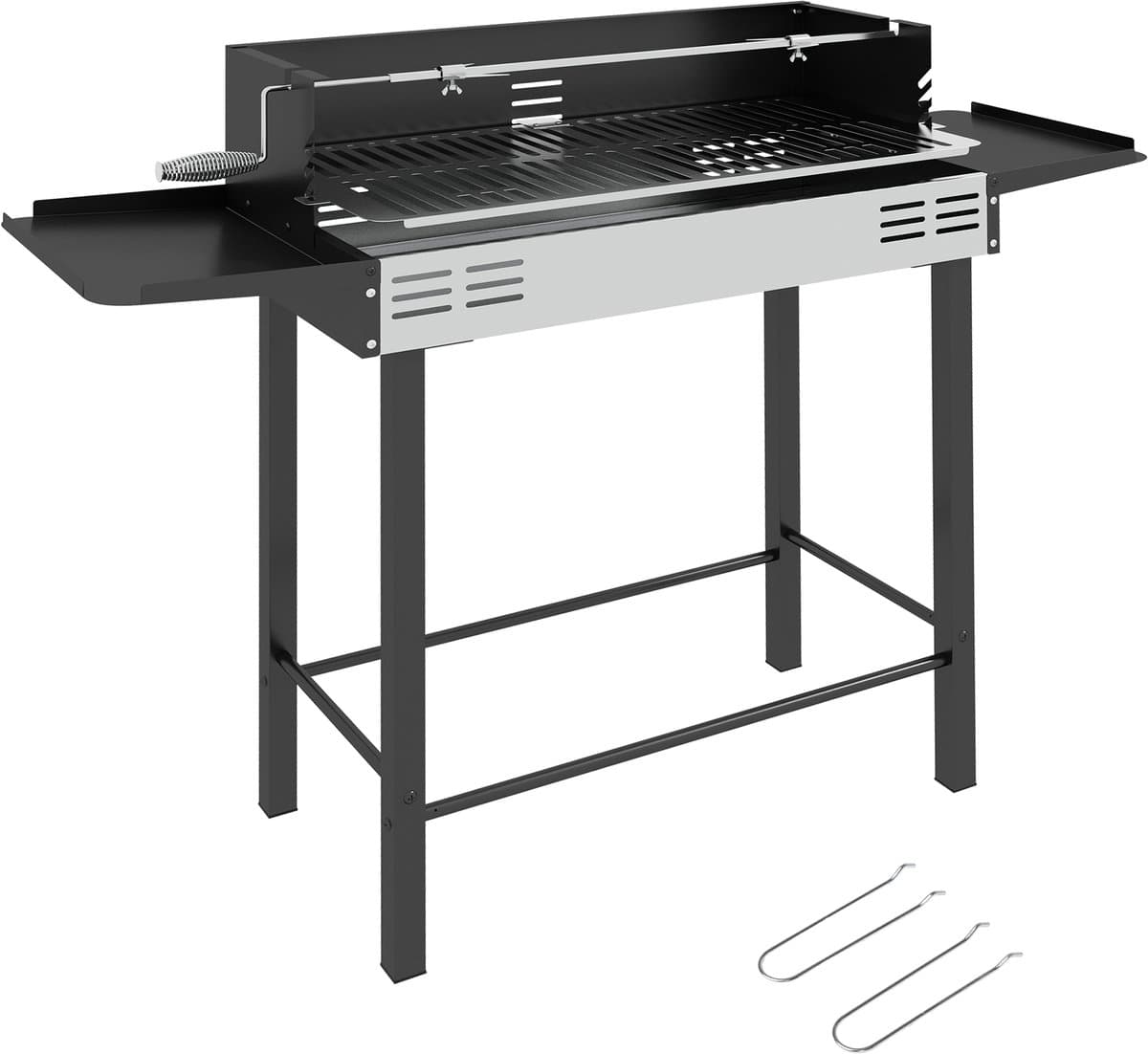 Houtskoolbarbecue BBQ-grill, verstelbaar rooster, 1 draaispit, 118 x 32 x 90 cm, Zwart + Zilver